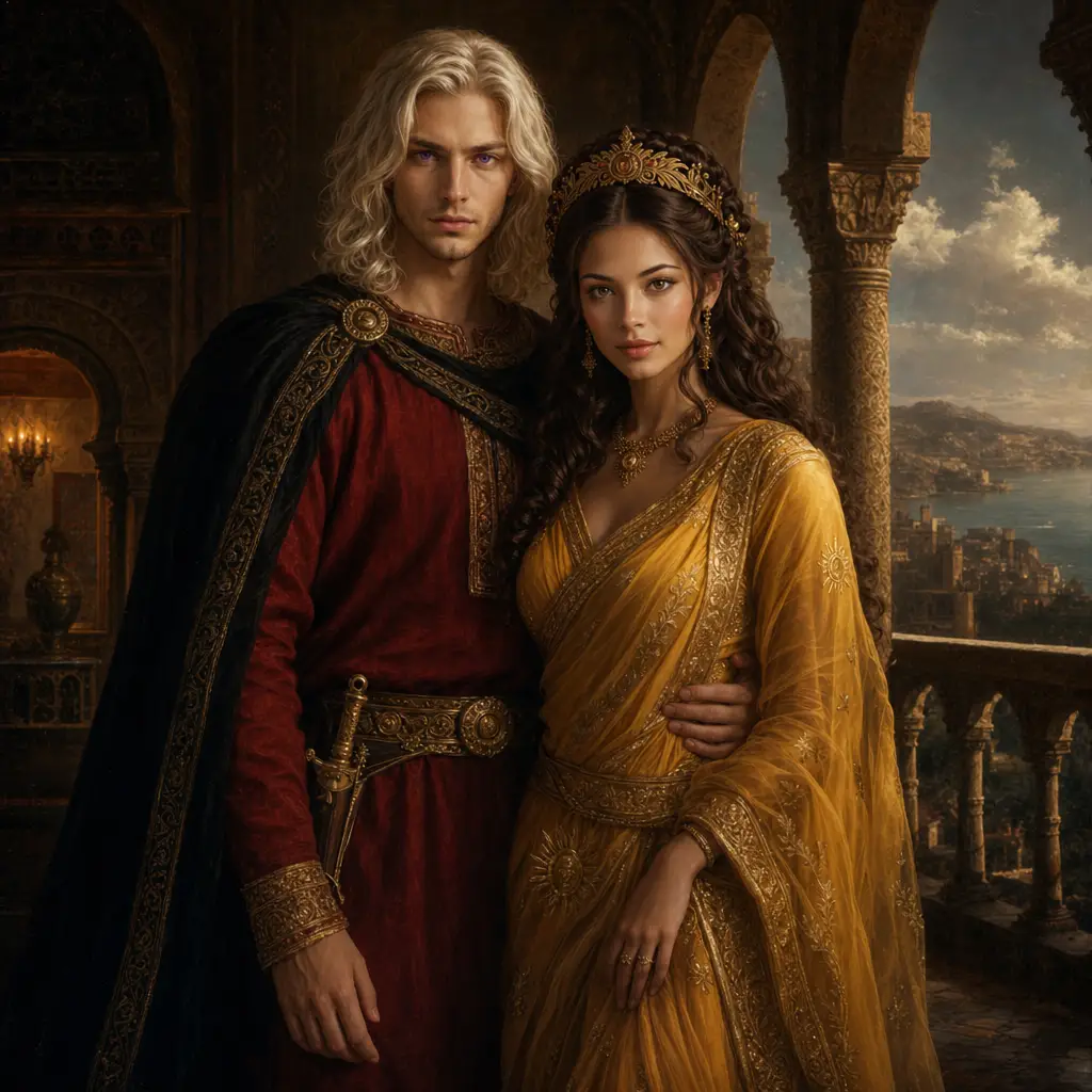 Renaissance style double portrait of a couple on terrace
