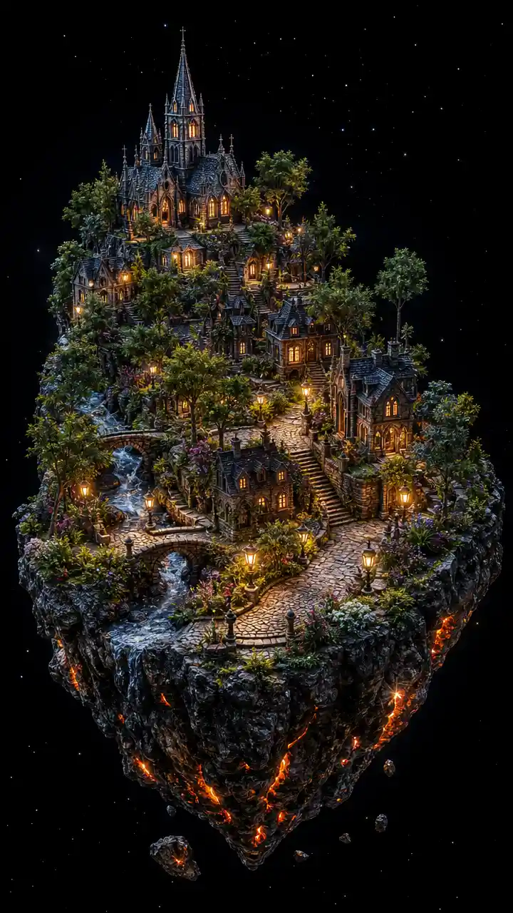 Gothic village floating on volcanic rock in empty space
