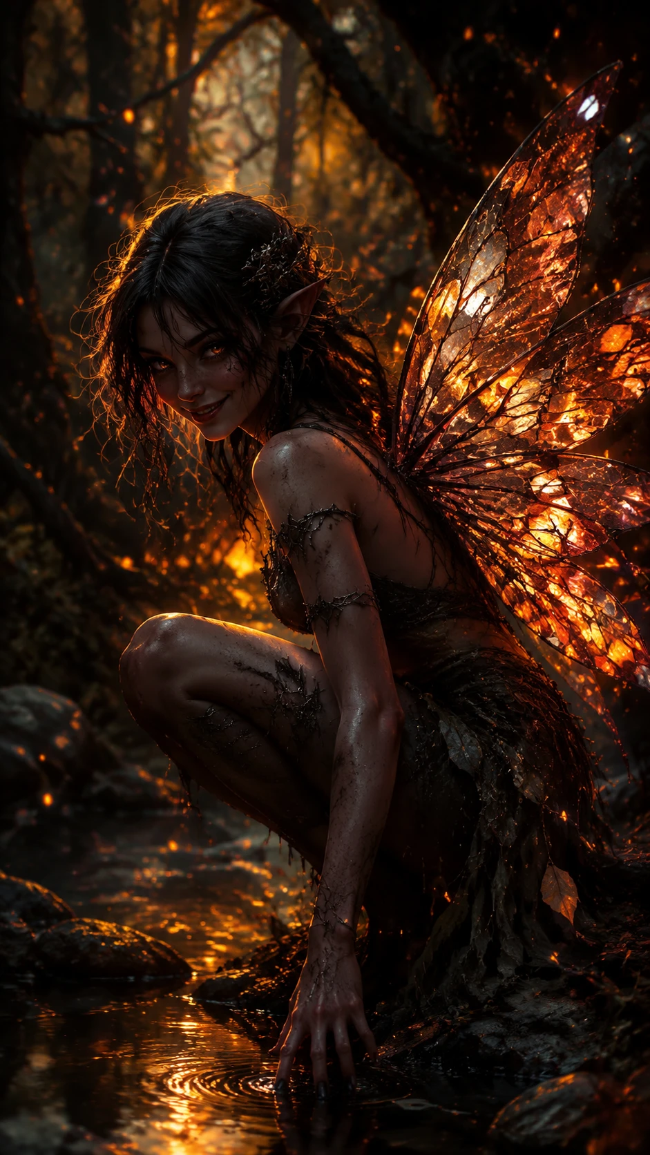 Winged fae woman with glass like wings in firelit forest