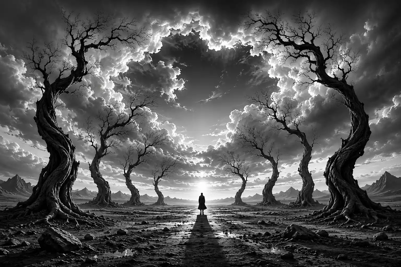 Lone human silhouette in circular barren tree landscape