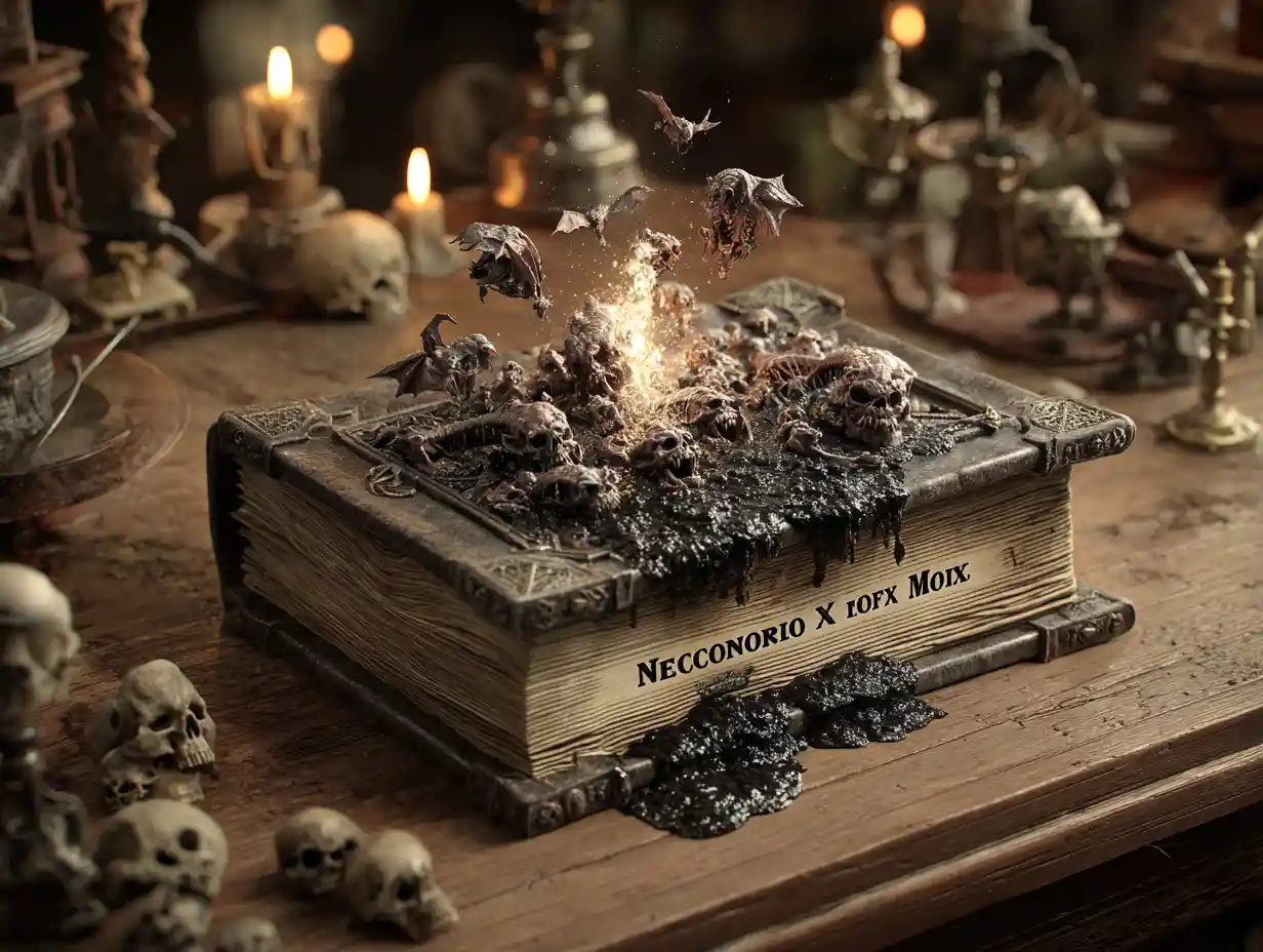 Creepy 3D scene of demons emerging from cursed book