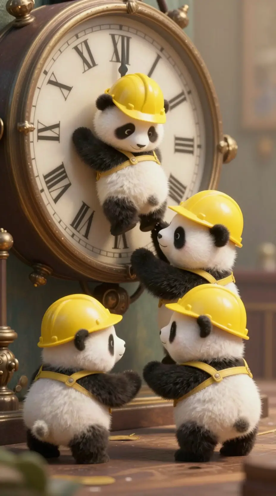 Tiny baby pandas repairing a giant ancient clock