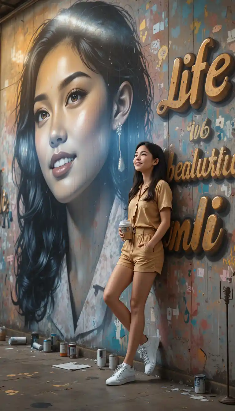 Young woman posing by her own mural in art studio
