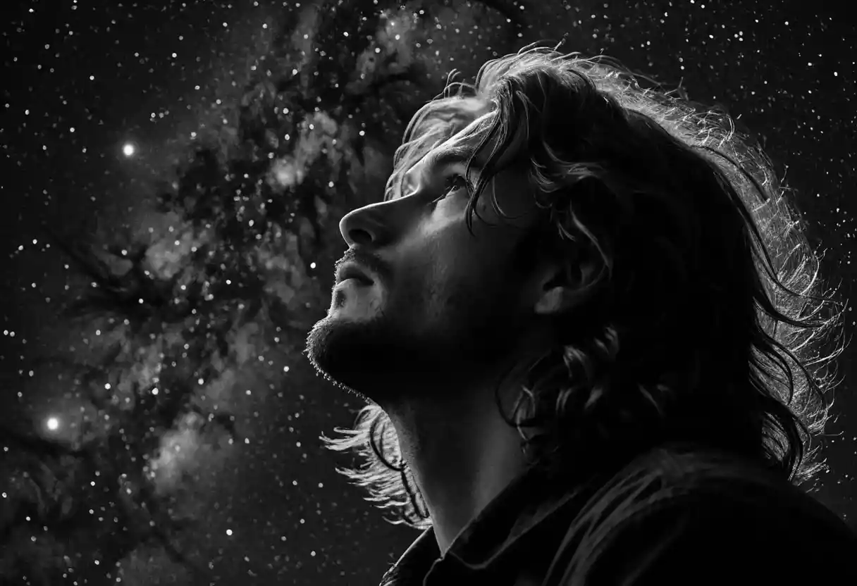Man with flowing hair gazing up at a starry night sky