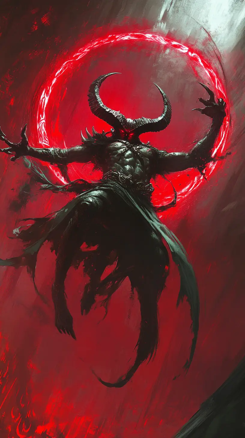 Horned demon spinning through glowing magical halo in midair