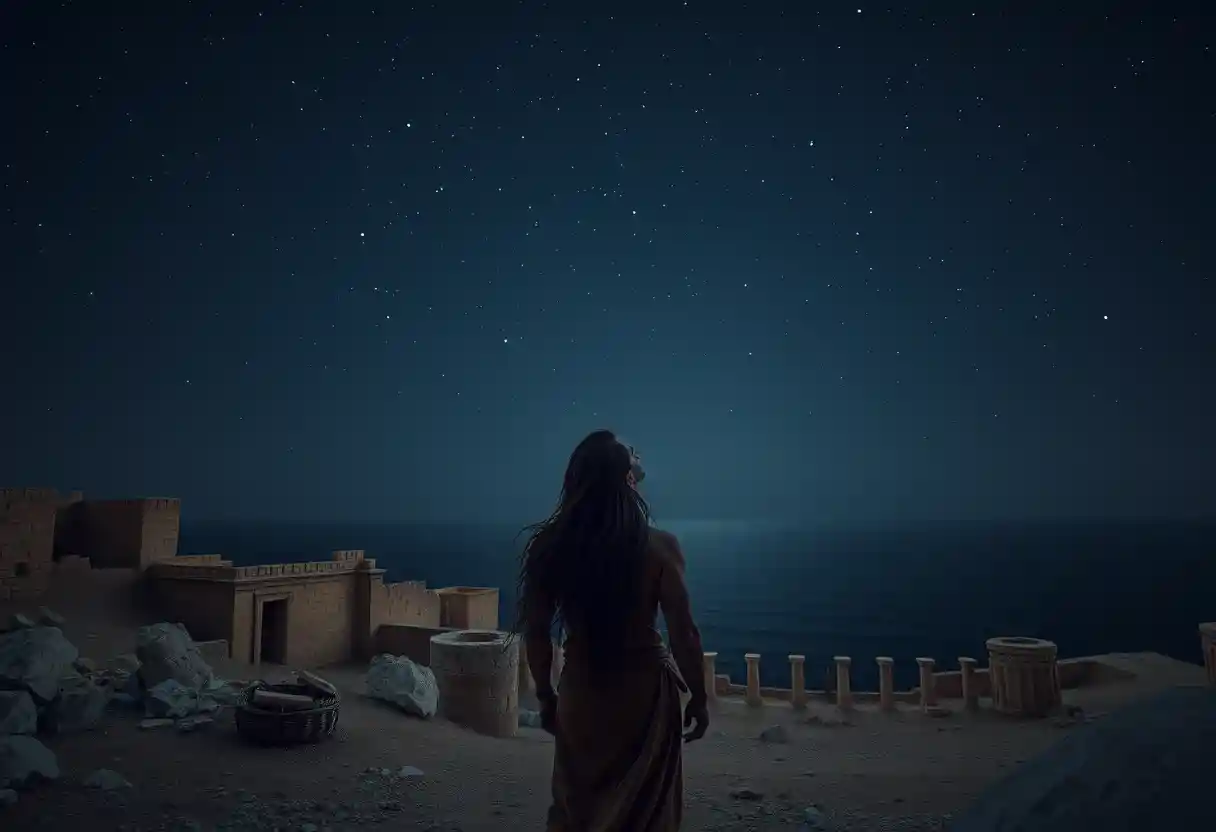 Man gazing at stars over ancient ruins by the dark sea