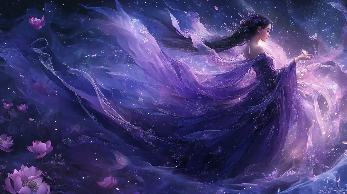 Fantasy woman with lotus flowers and misty wings