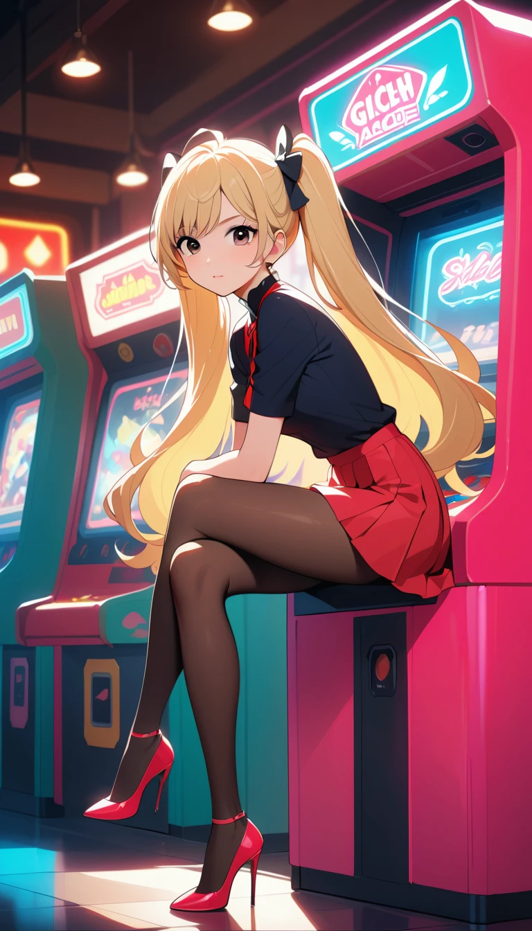 Blonde anime girl in neon arcade with high heels