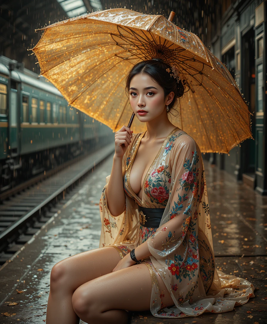 Woman in sheer kimono under golden rain at platform