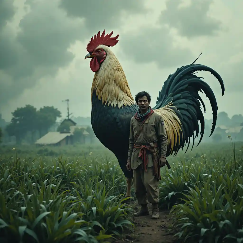 Poor Indian farmer with giant rooster in green field