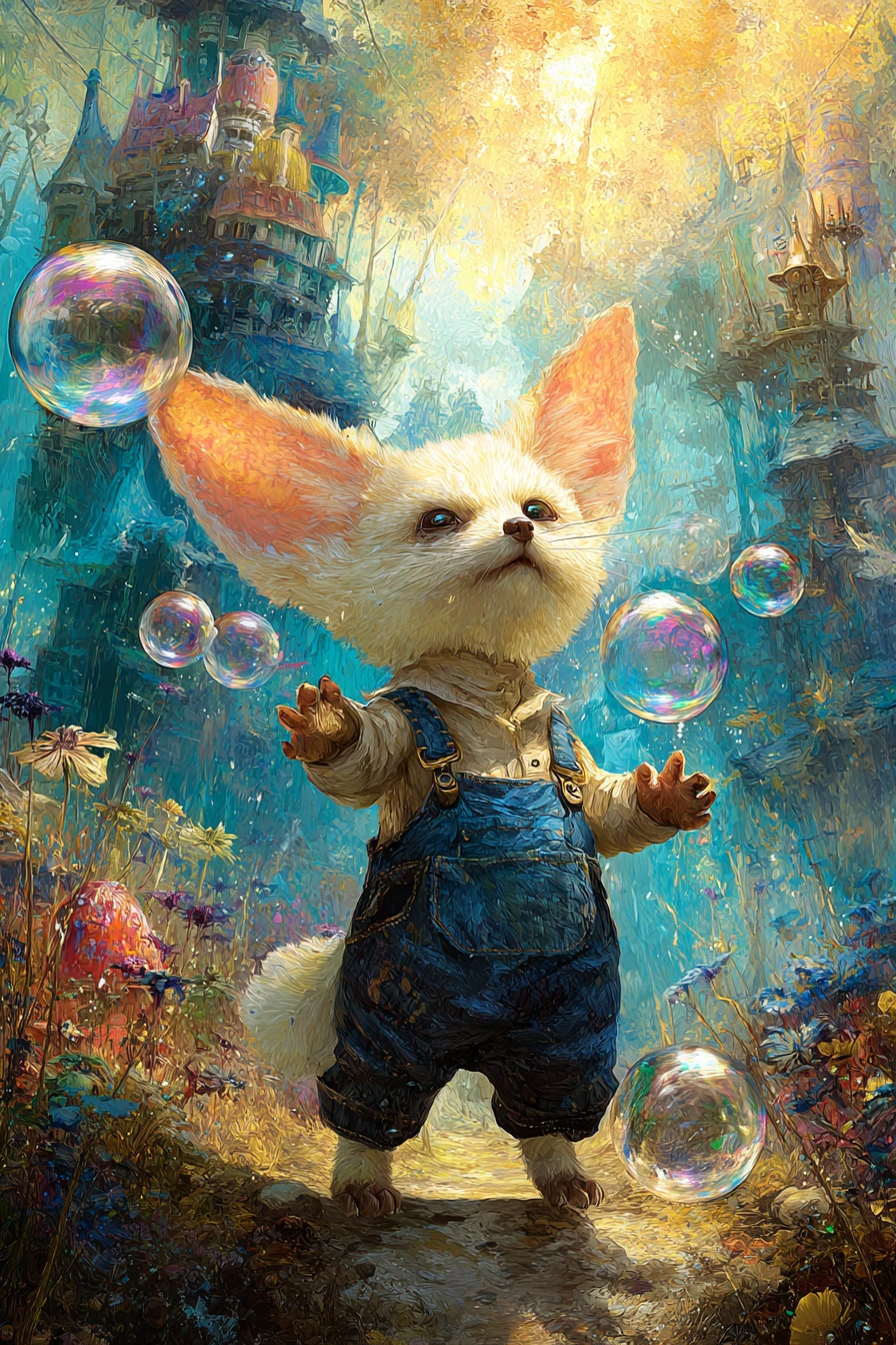 Whimsical Fennec Fox Juggling Bubbles In Fantasy Landscape