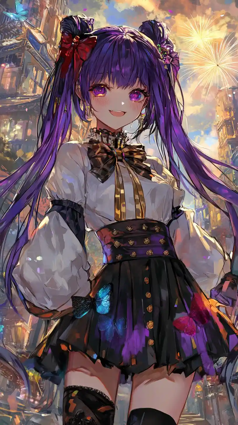 Anime girl with purple braid walking a black cat