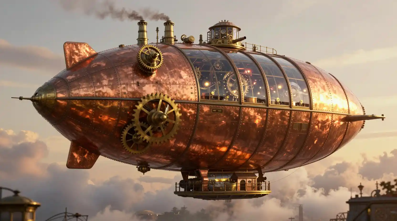 Steampunk airship at a floating victorian sky station at sunset