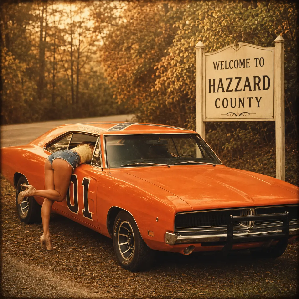 Vintage pinup woman with orange muscle car on country road