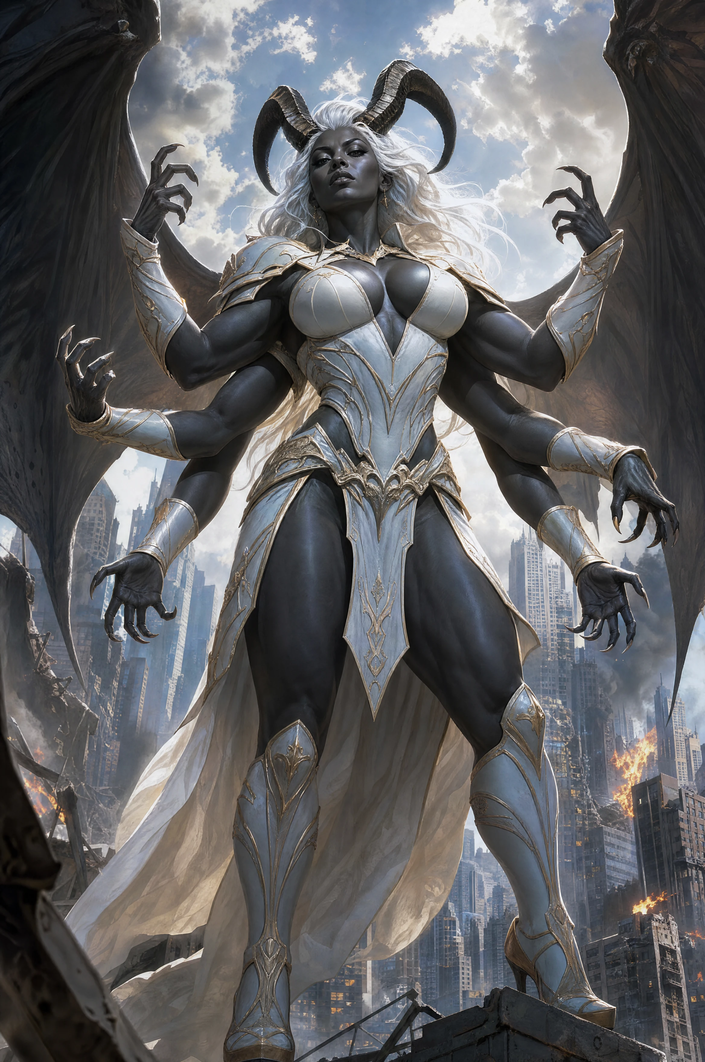 Six armed succubus heroine over a besieged city