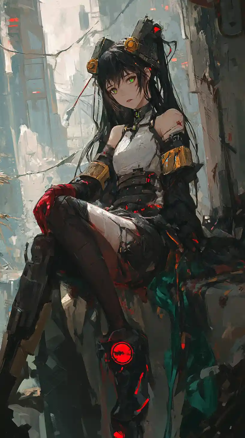 Anime girl with glowing sword in a ruined ship hall