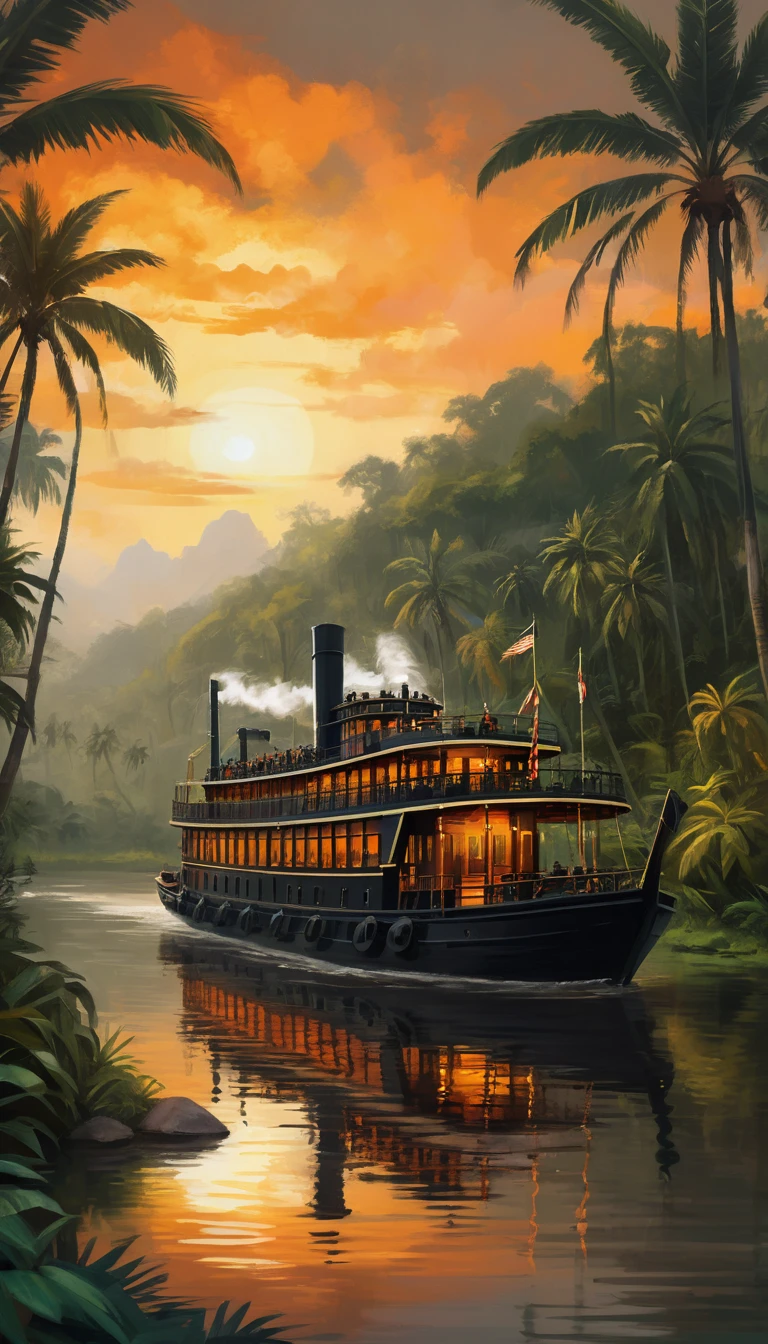 Majestic steamboat cruising a jungle river at sunset