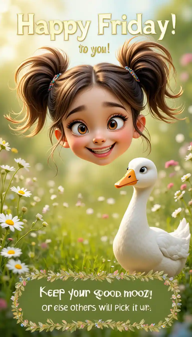 Cheerful freckled girl and goose on a sunny meadow