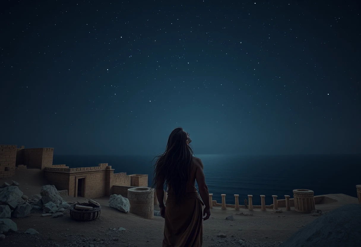 Man gazing at stars over ancient ruins by the dark sea