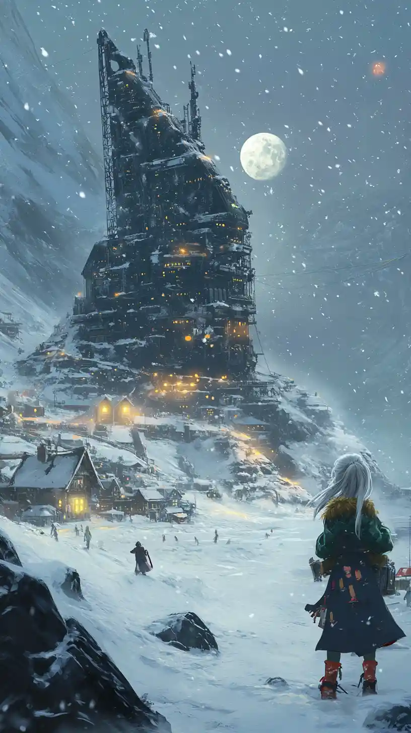 Arctic research station in a snowy night blizzard