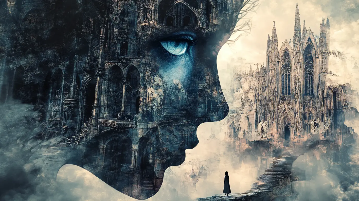 Surreal gargoyle cathedral fused with a woman profile