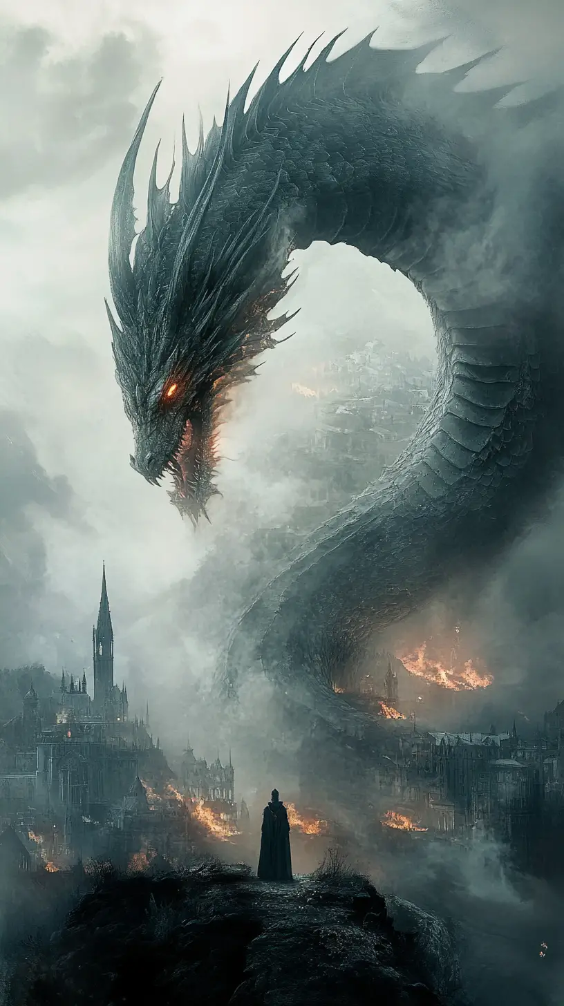 Colossal dragon encircling a gothic city of firelit ruins