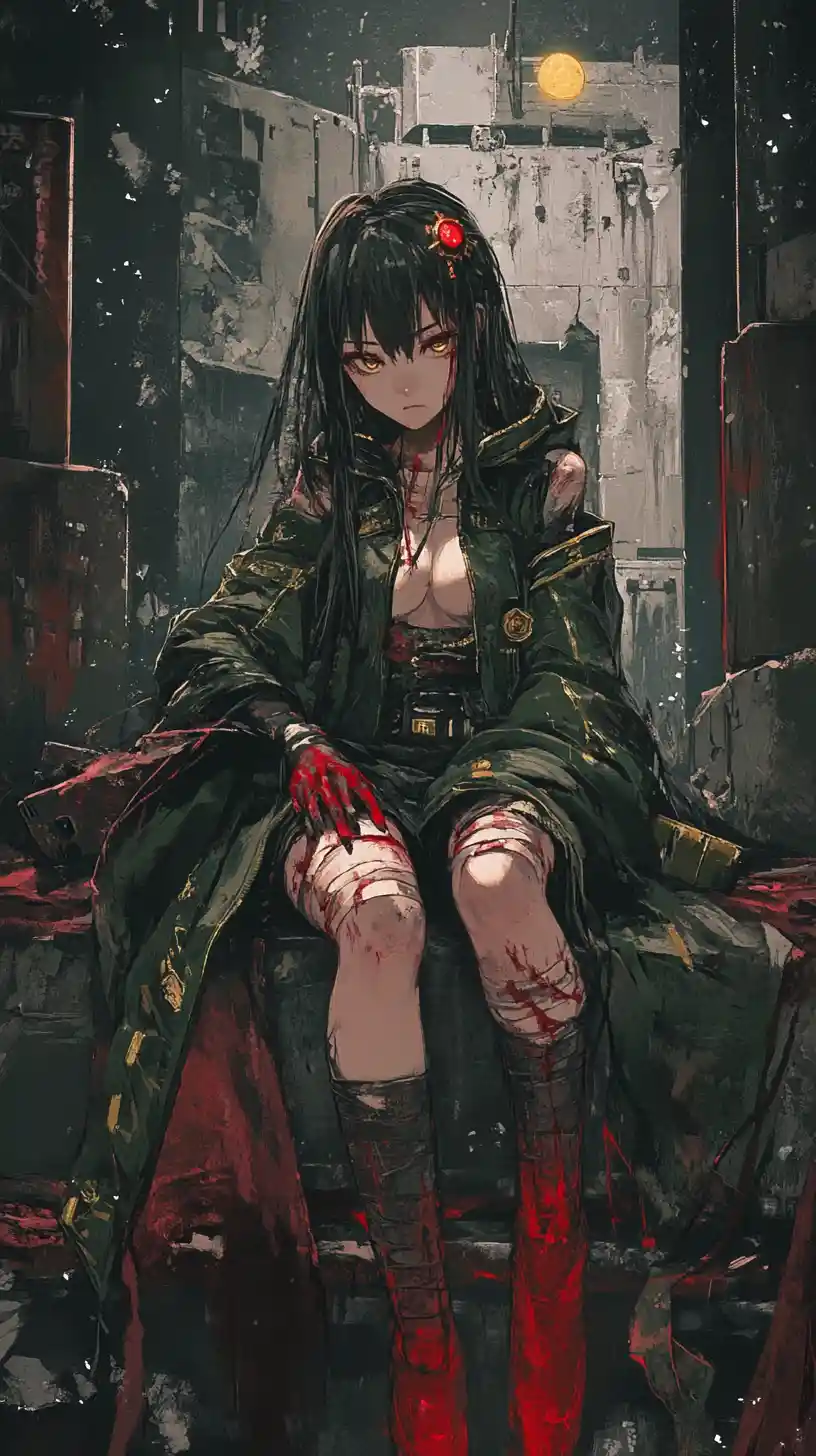 Anime girl with glowing sword in a ruined hall