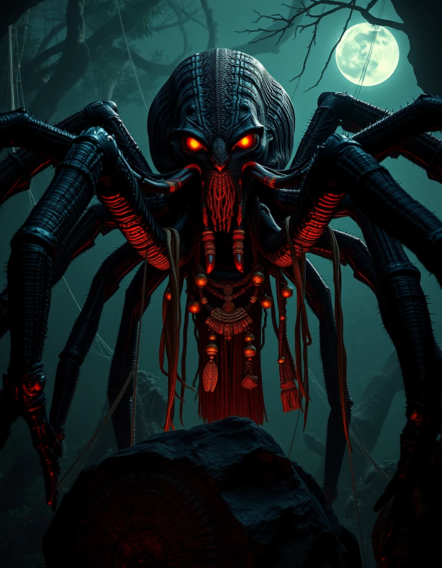Terrifying spider deity emerging from a web filled jungle