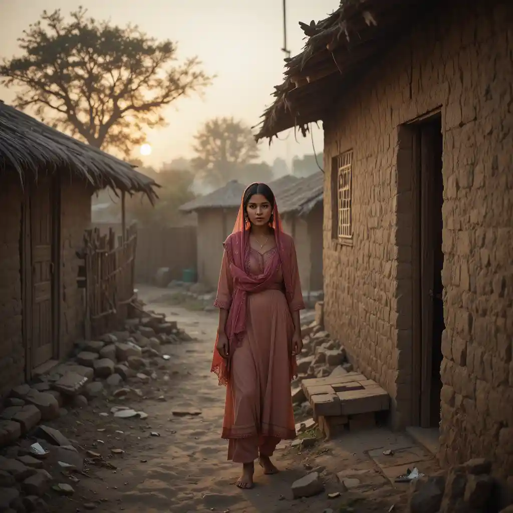 Pakistani village woman waking before sunrise in mud house