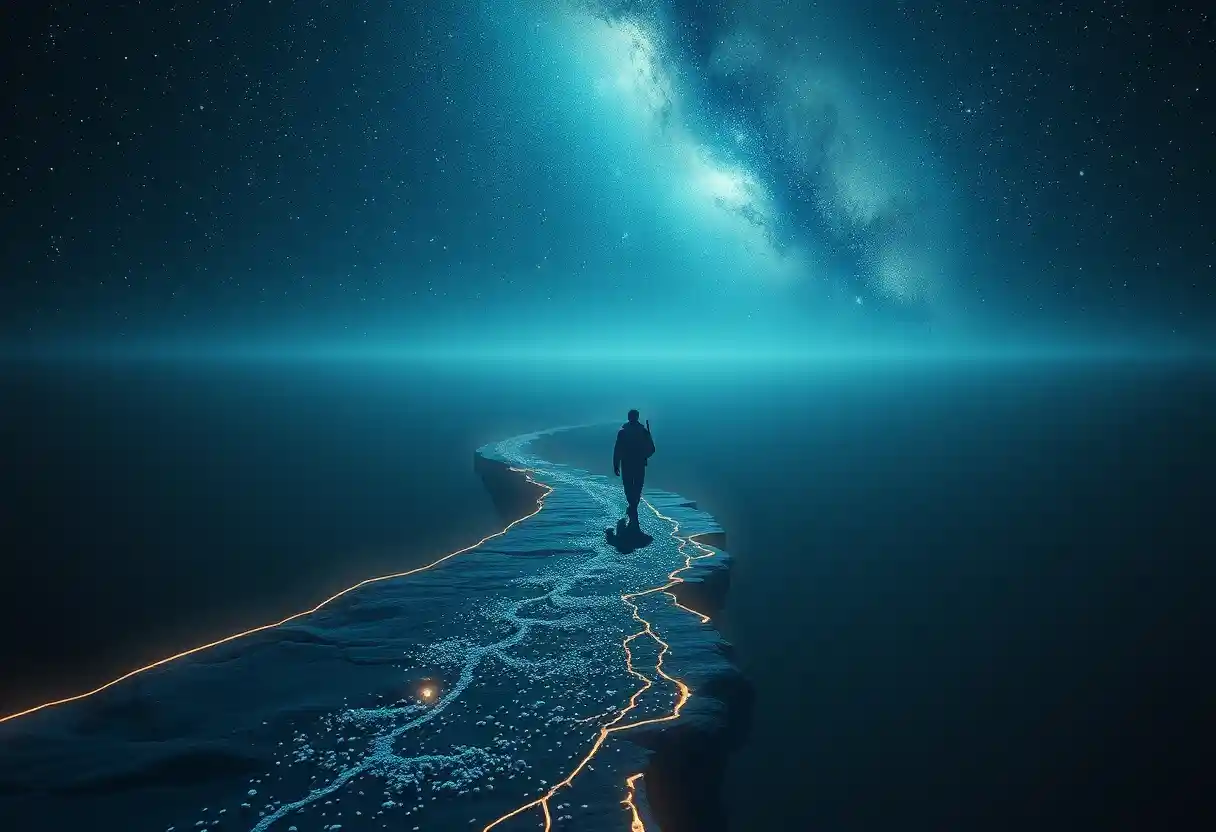 Lone wanderer on a glowing rim between stars and sea