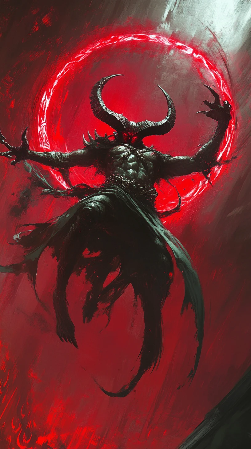Horned demon spinning through glowing magical halo in midair