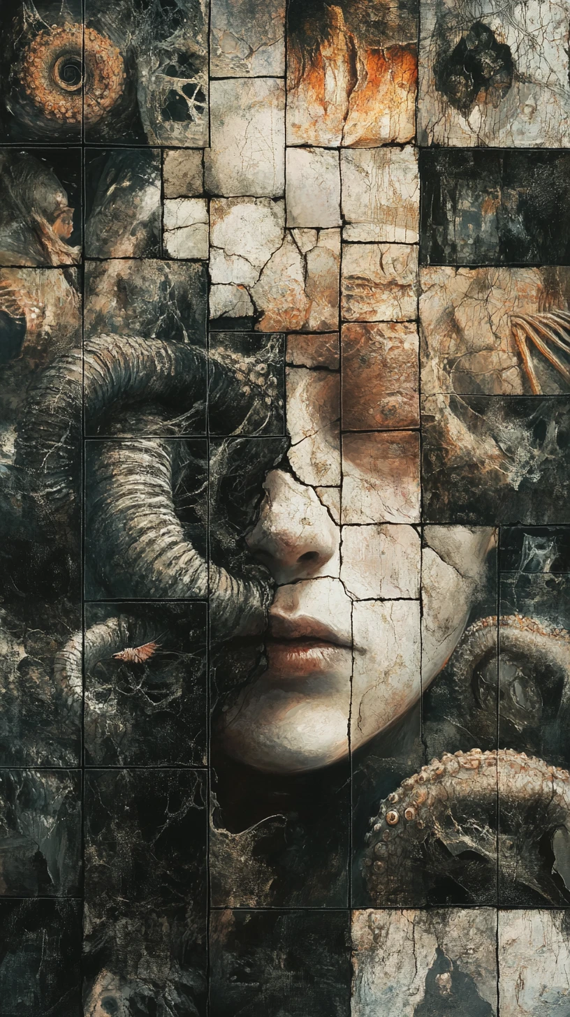 Fragmented face dissolving into surreal grid of panels