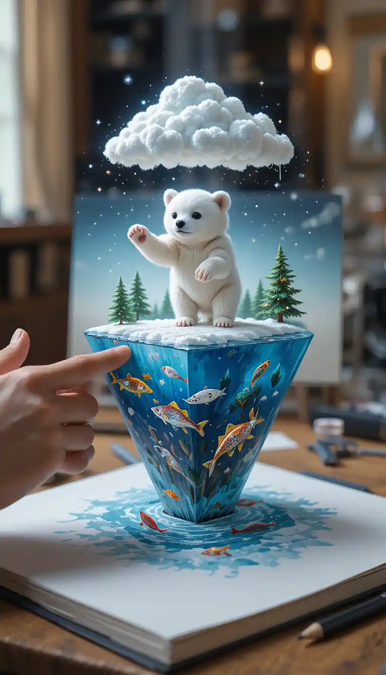Tiny polar bear on paper at the tip of a pencil