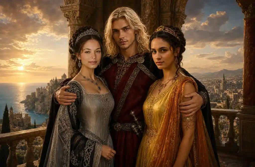 Royal trio on a balcony at sunset over coastal city