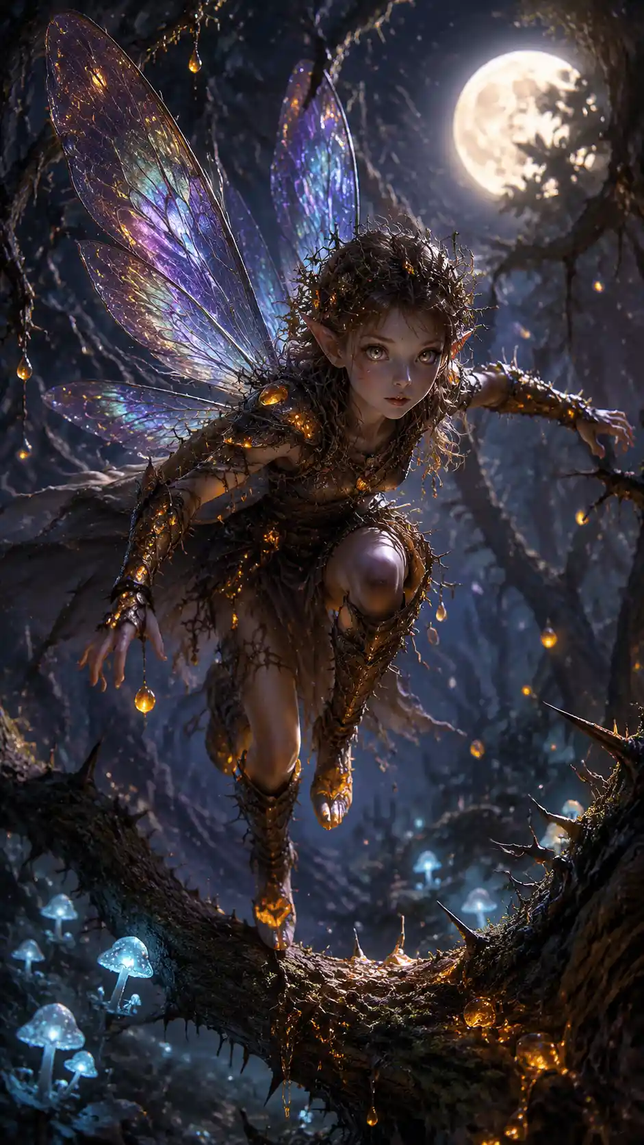 Mystical fairy scout leaping through a moonlit forest
