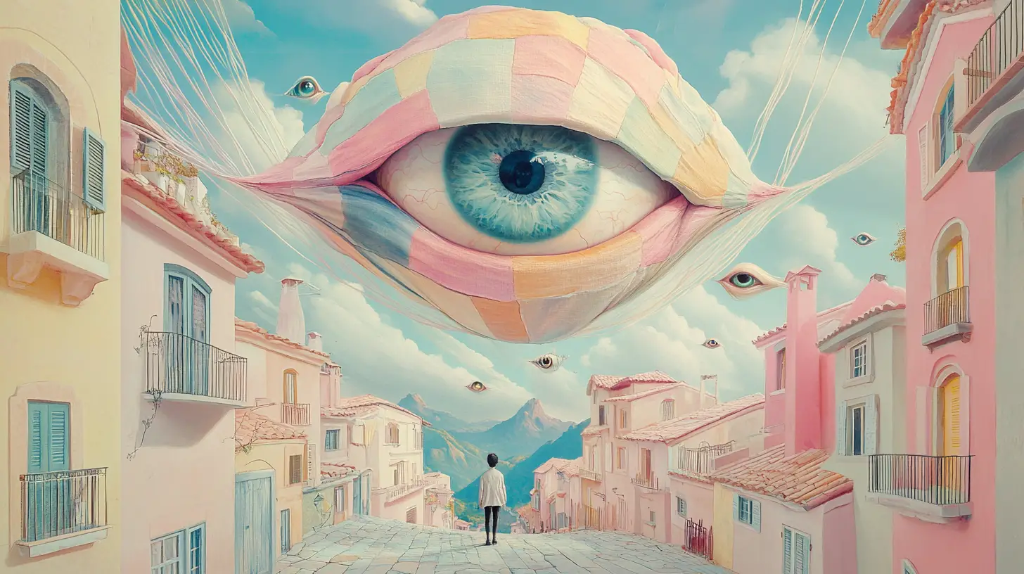 Giant patchwork umbrella floating above a quiet pastel town