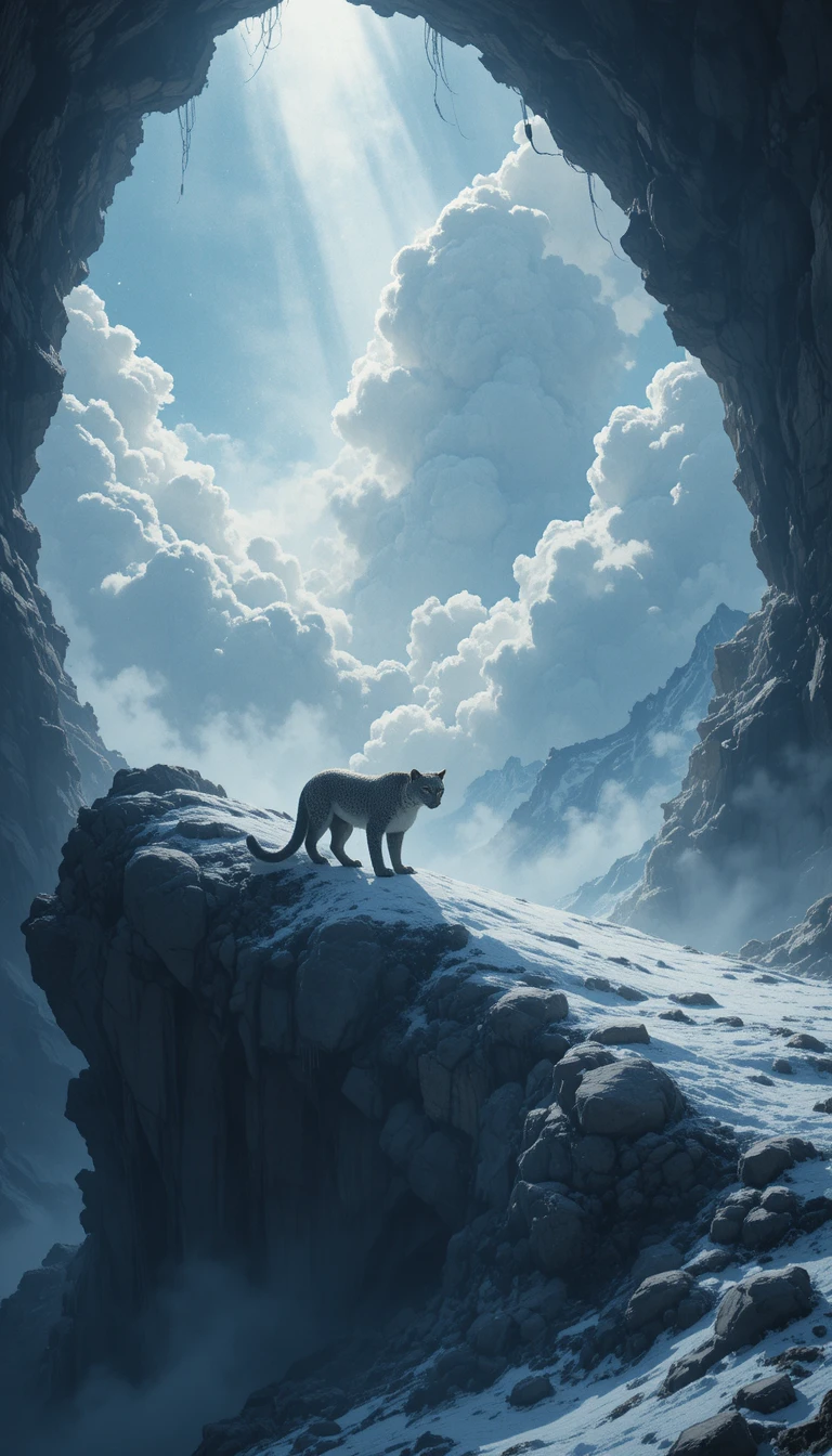 Snow leopard in a dark cave with rays of light