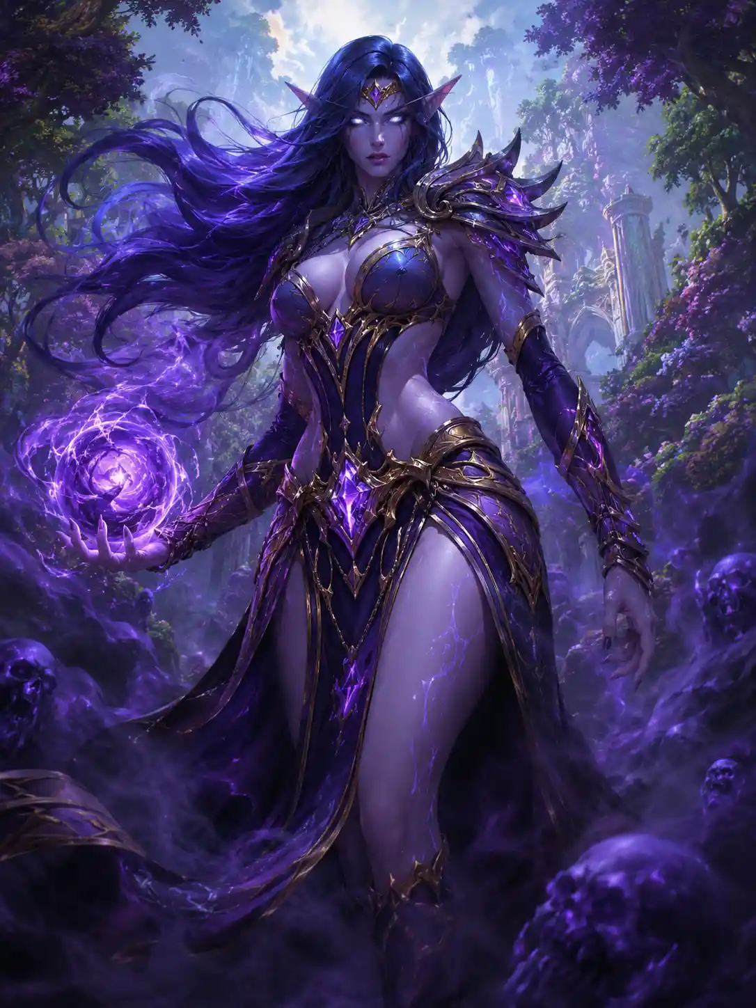 Night elf warlock woman in a mystical forest