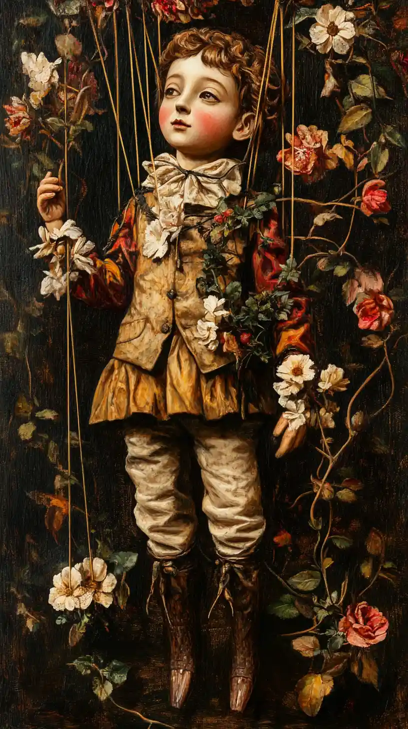 Wooden boy puppet in a surreal thorny flower garden