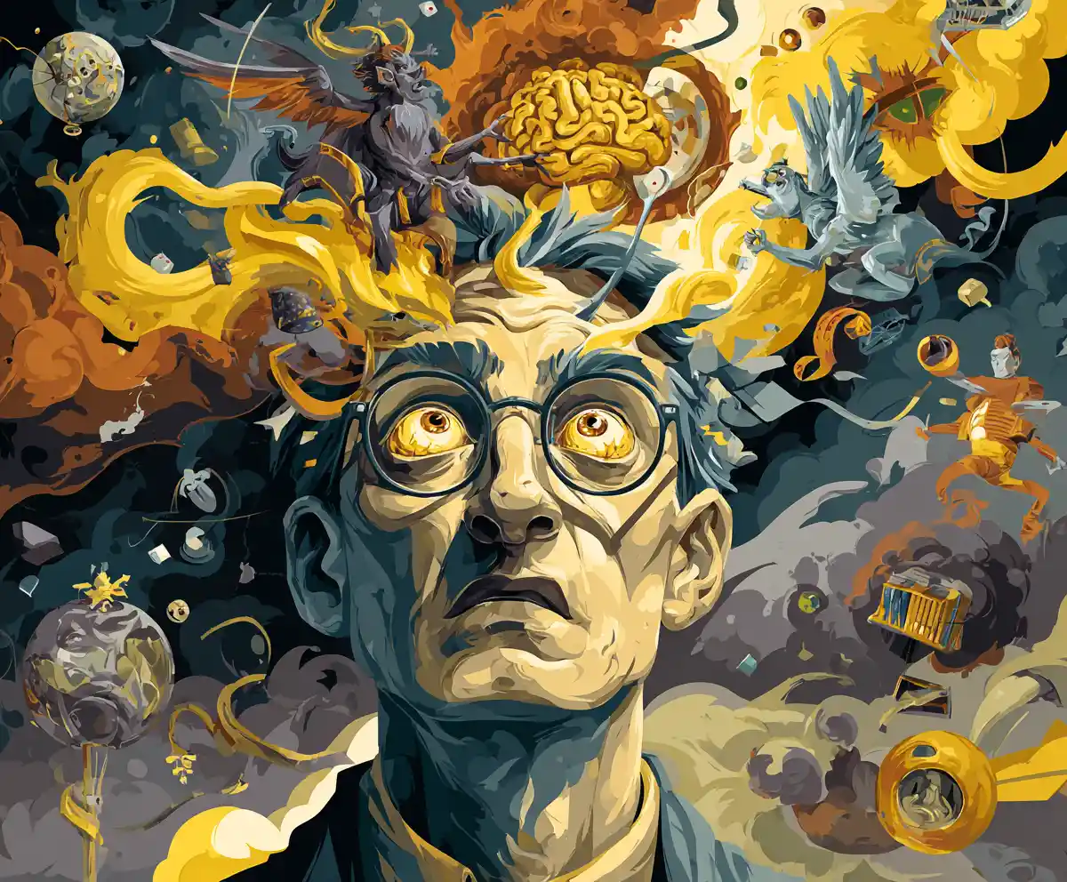Surreal man with open skull and swirling angels and devils