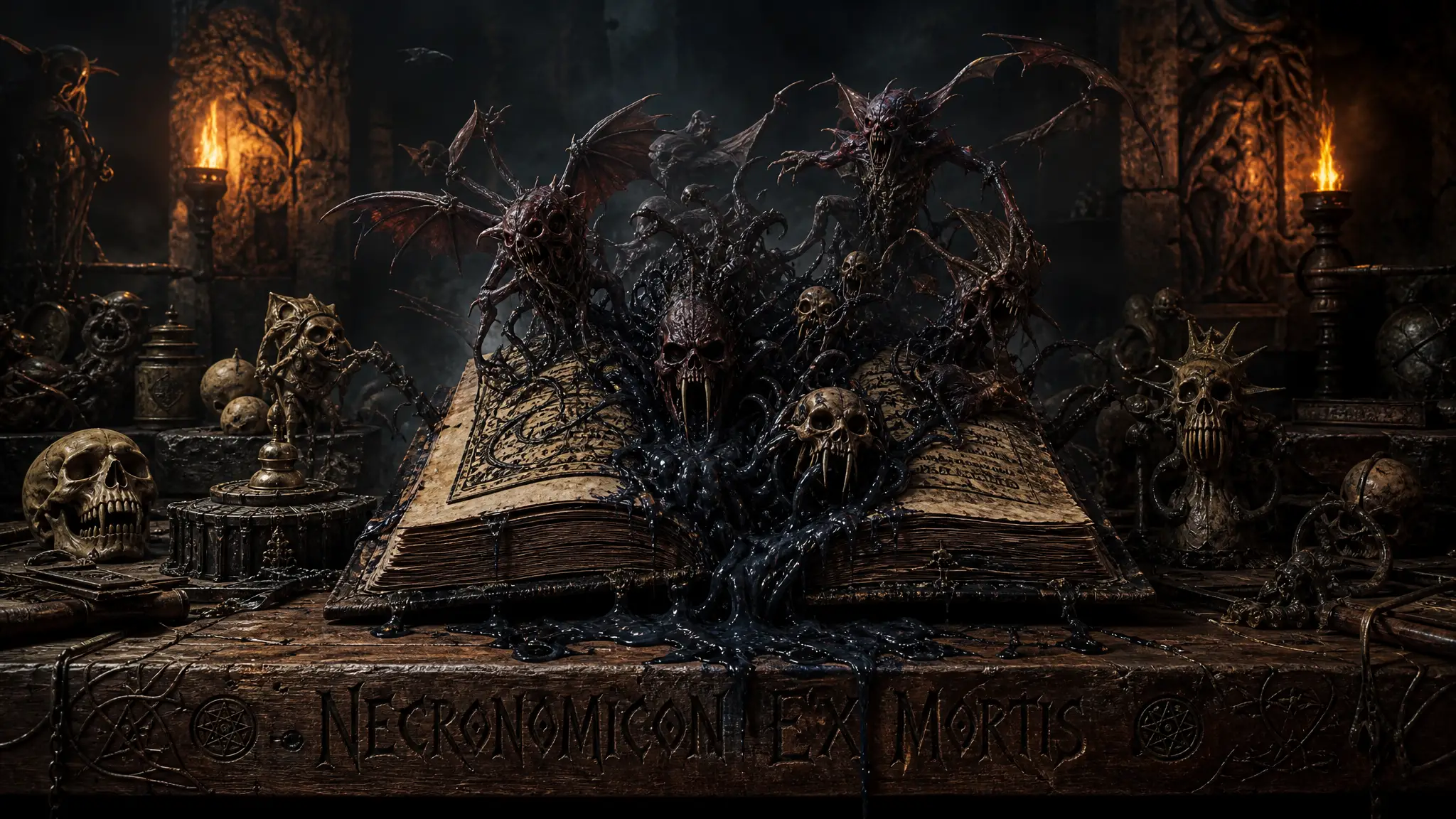 Creepy 3D scene of a cursed book unleashing demons