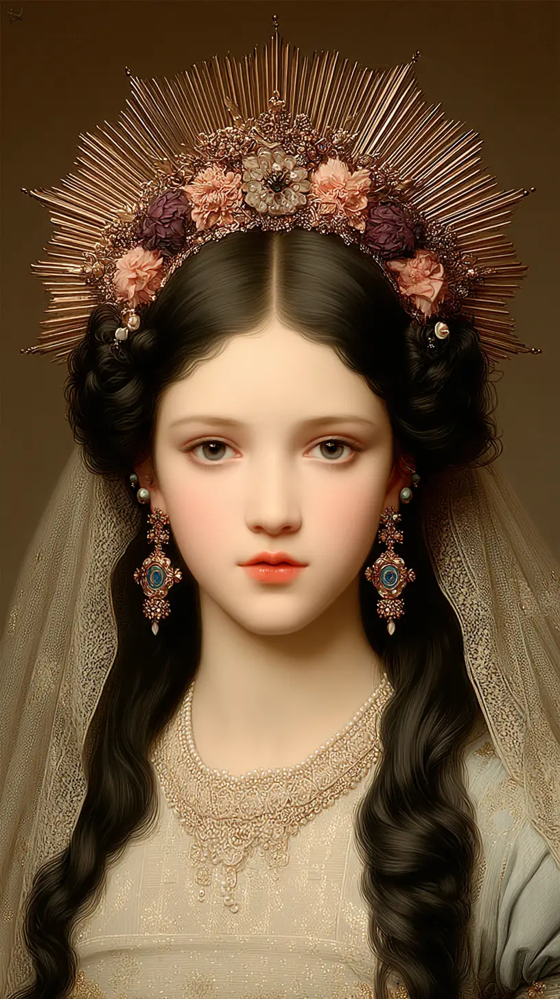 Regal woman with jeweled crown and shimmering gold veil