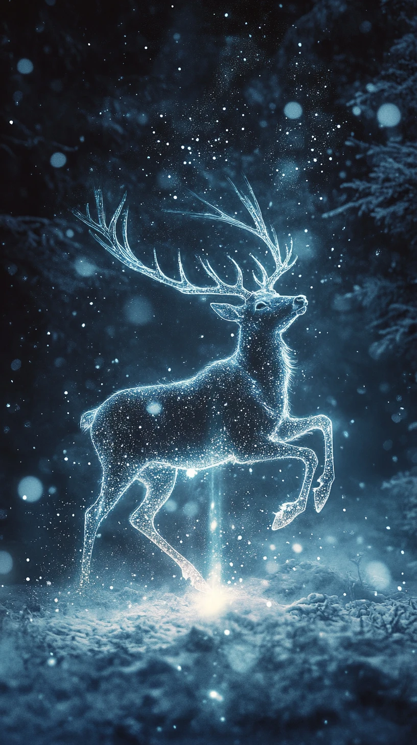 Glowing stag leaping through a surreal dreamlike landscape