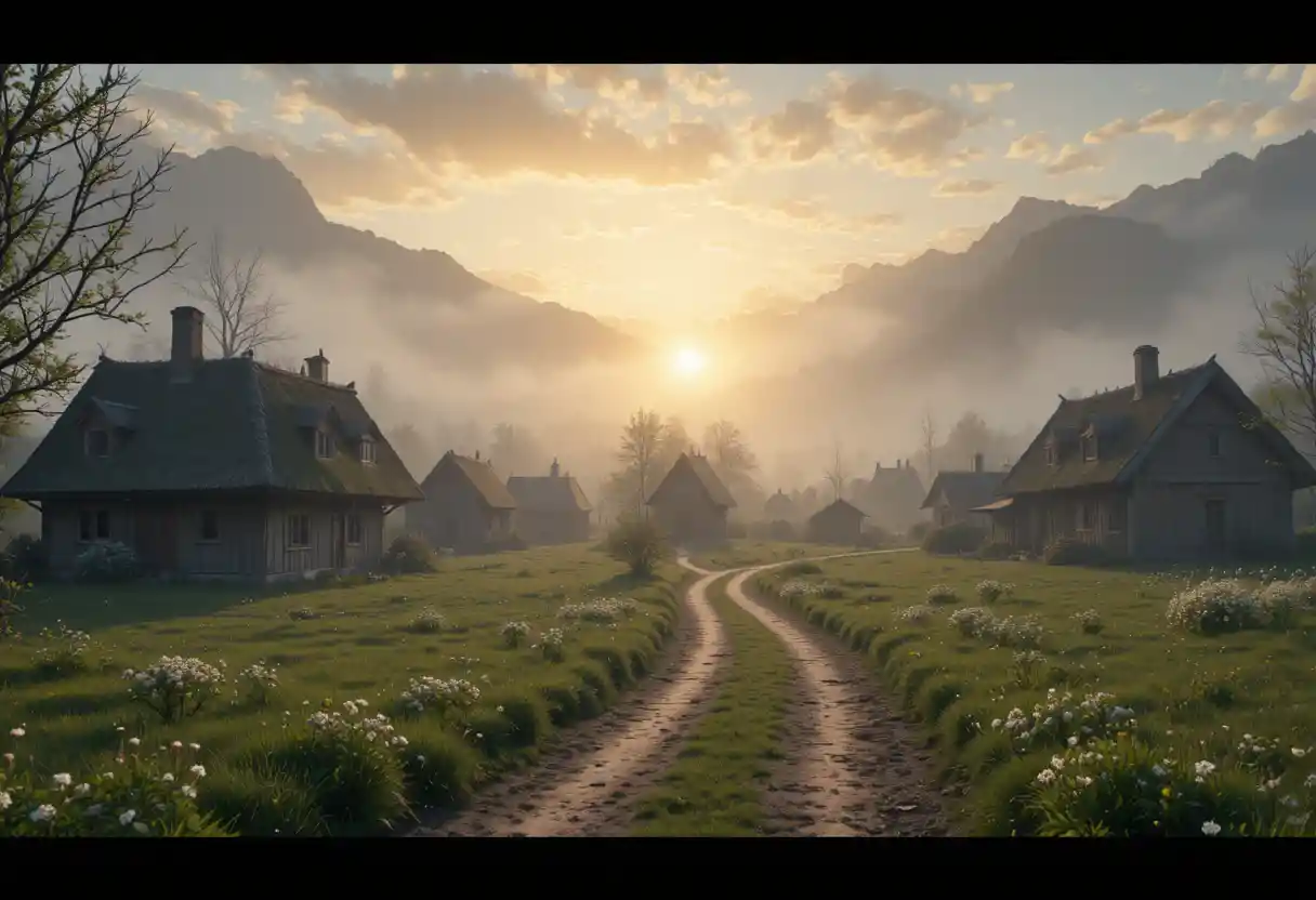 Ancient nordic village at sunrise in spring fog