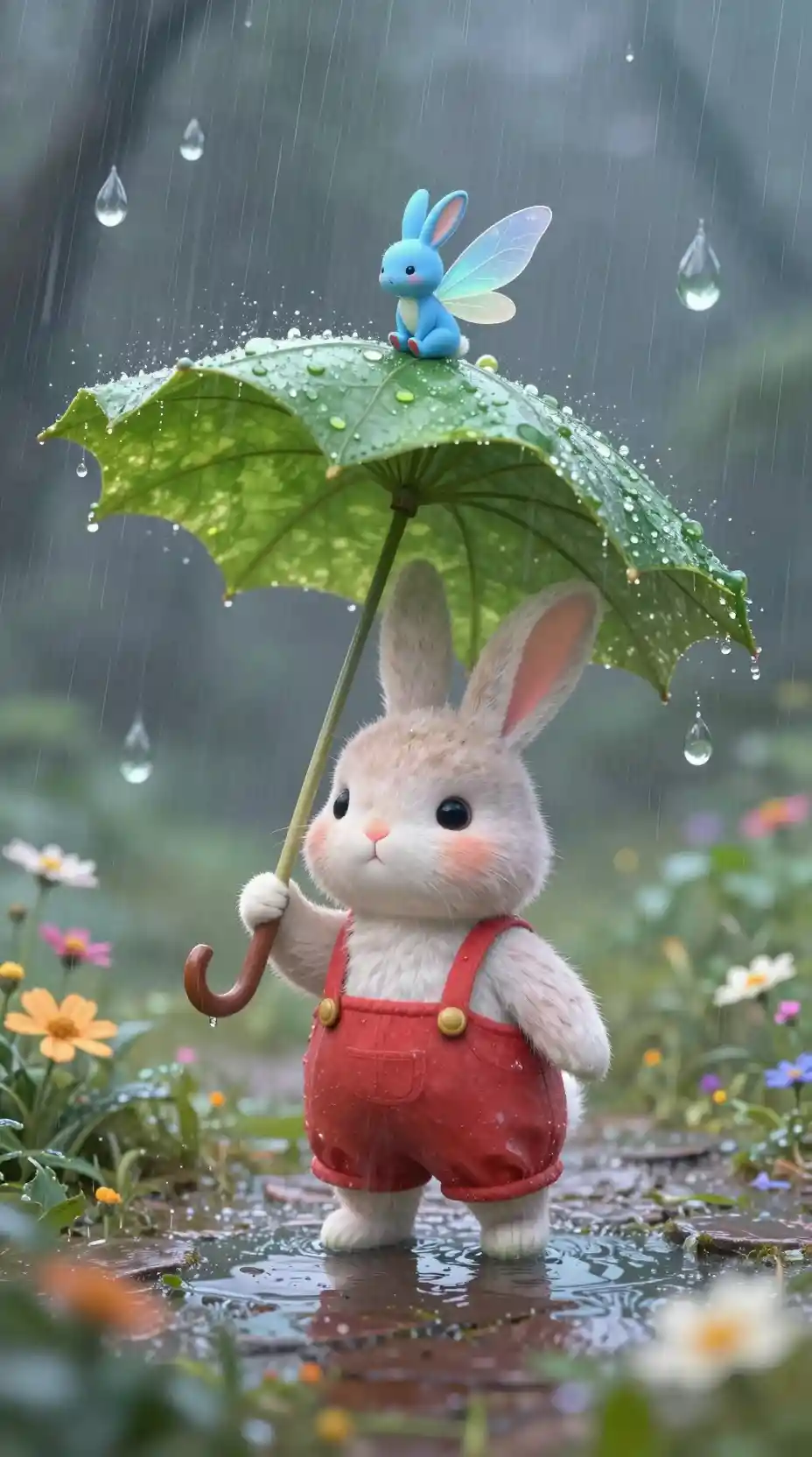 Cute rabbit and tiny fairy sheltering under a leaf