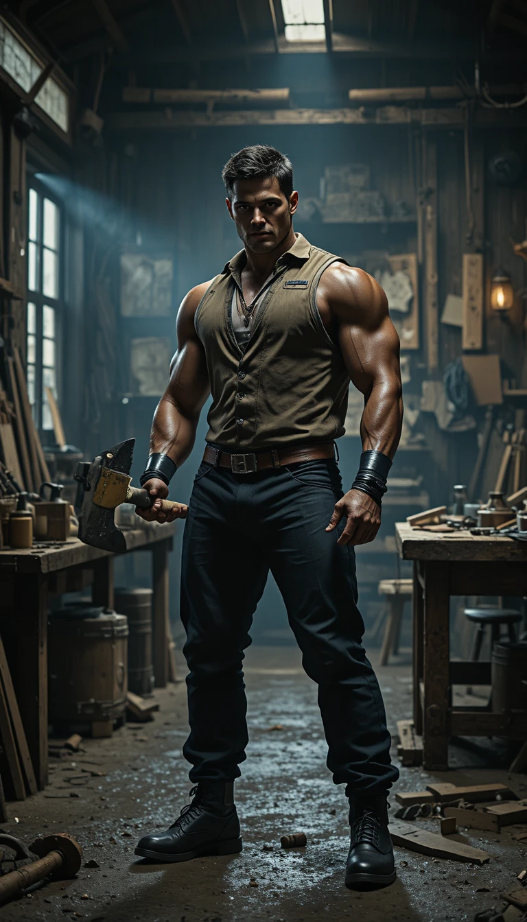 Muscular man with axe in a dark gritty workshop