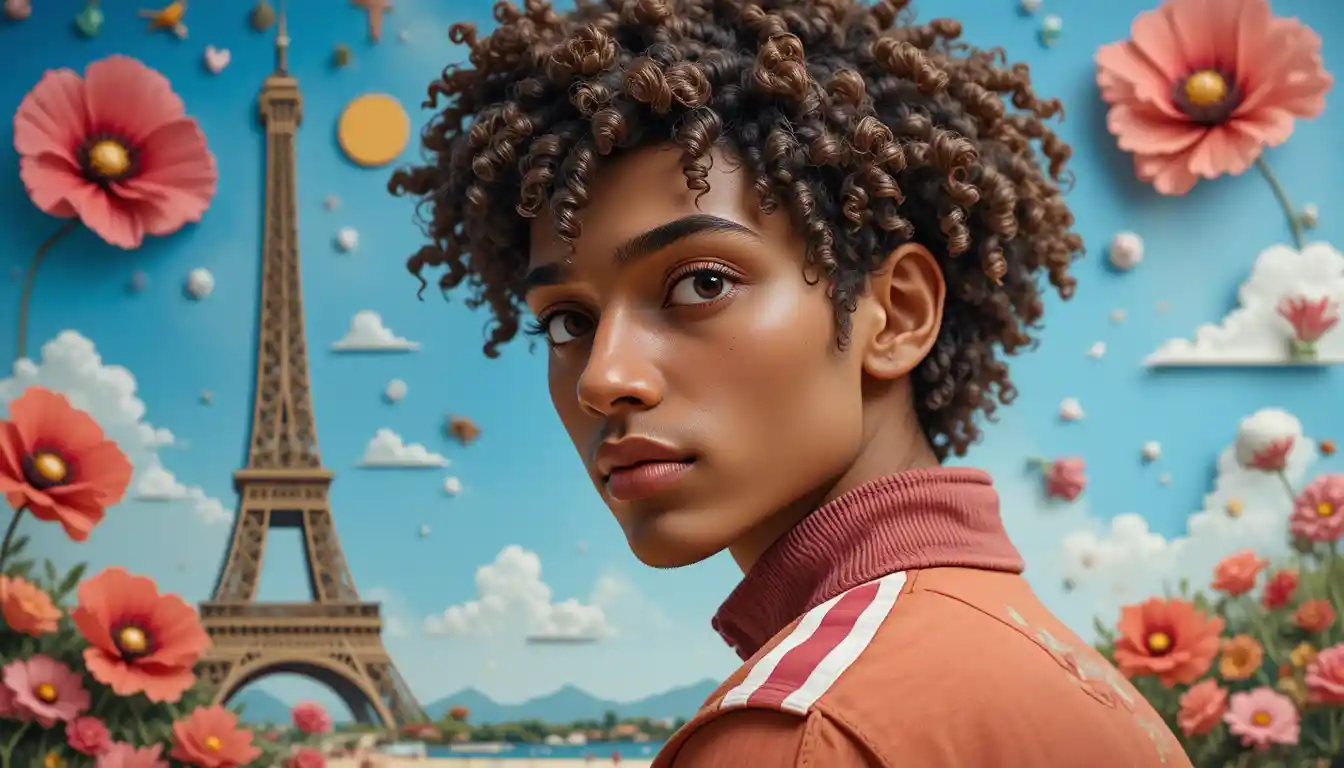 Whimsical neon portrait of a curly haired young man