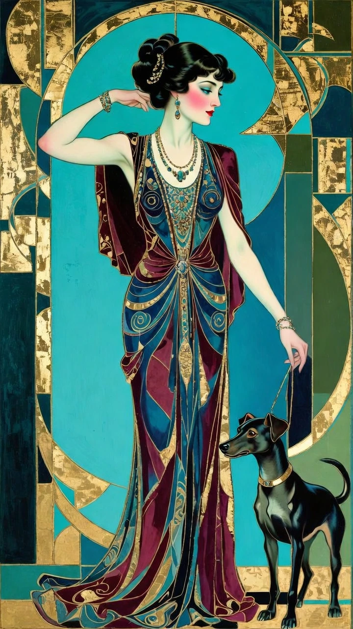 Retrato Art Déco de una mujer glamurosa con su perro