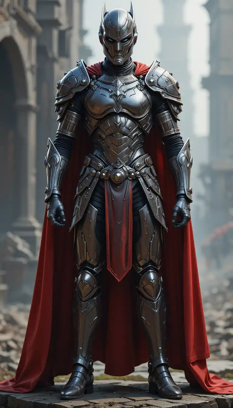 Full body view of armored woman standing in complete stance