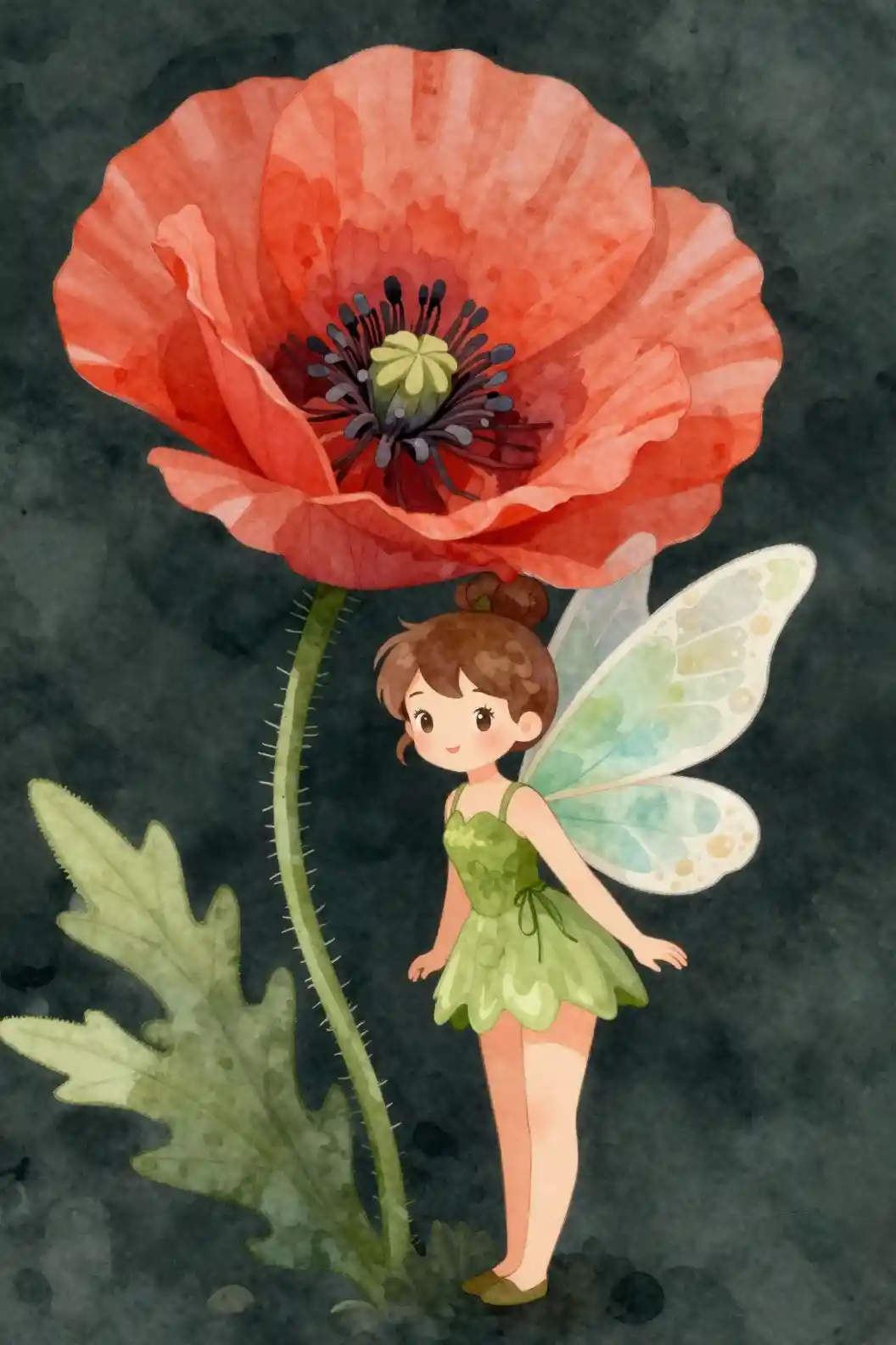 Joyful flower fairy girl beside a giant poppy bloom